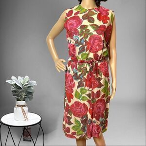 Vintage Floral Belted Sleeveless Shift Dress All Over Print Handmade Size Small